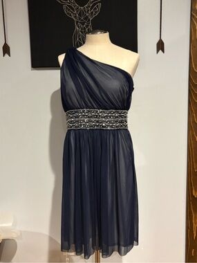 Jessica Howard Navy One-Shoulder Beaded Waist Cocktail Dress